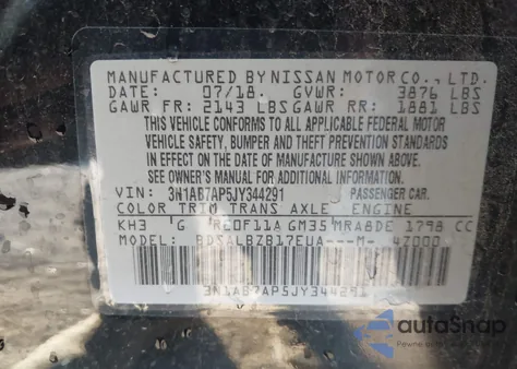 2018 Nissan Sentra S from USA, damaged, VIN 3N1AB7AP5JY344291